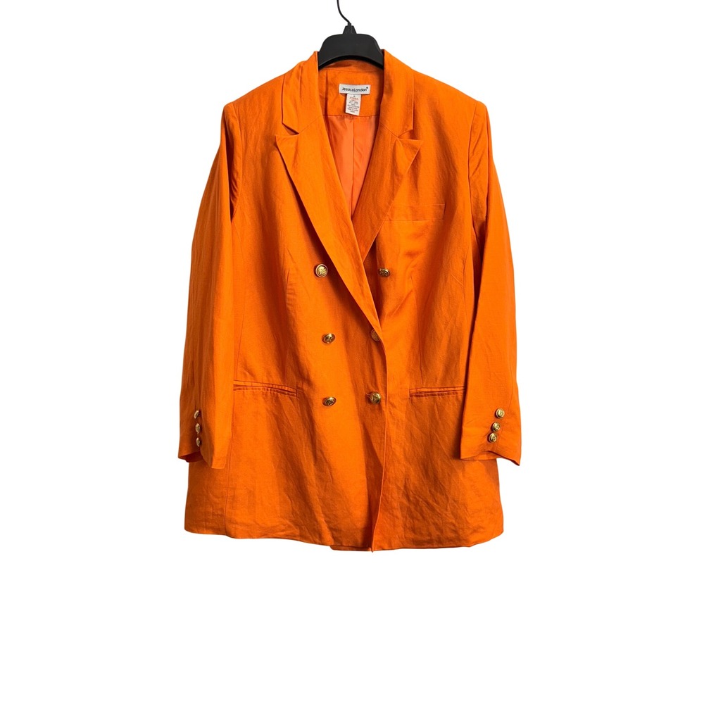 Jessica London Orange Linen Blend Double Breasted Blazer Gold Buttons Size 18